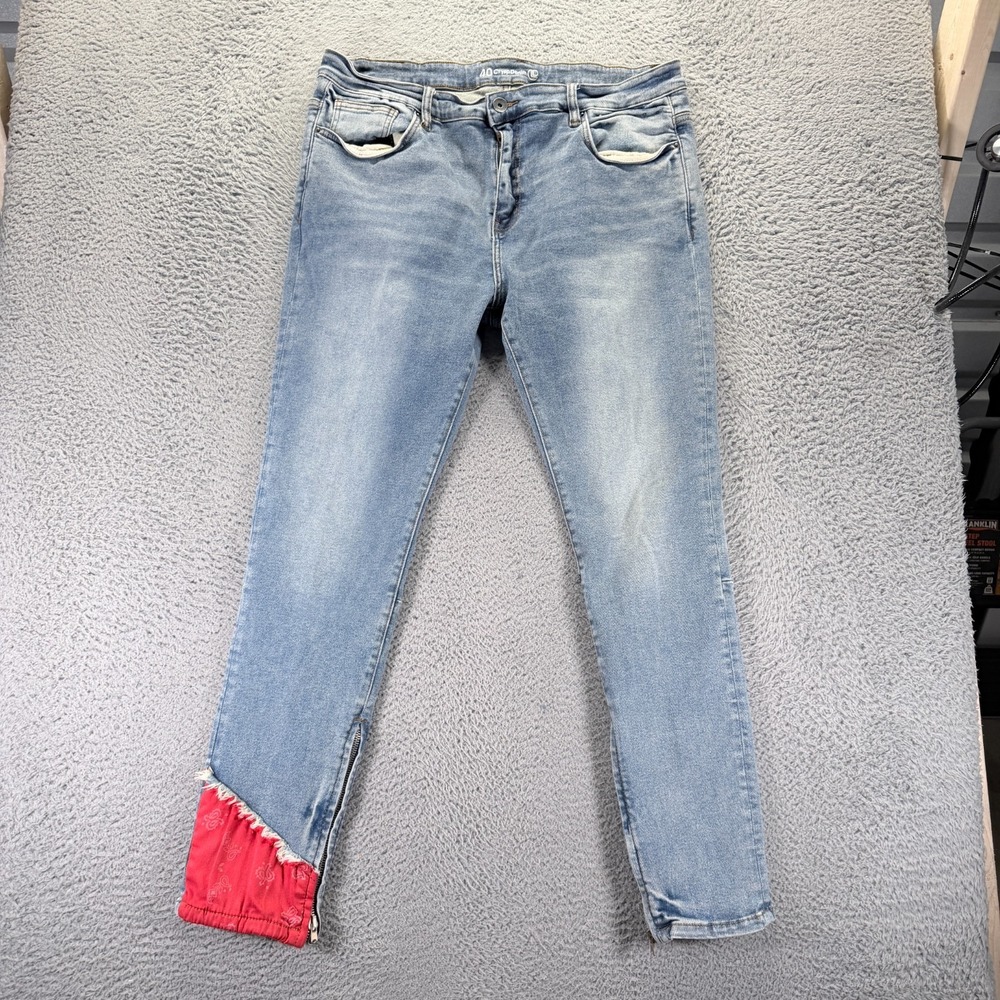 Crysp Denim Jeans Mens 40x32 Blue Cotton Skinny Workwear Ankle Zip Faded Stretch